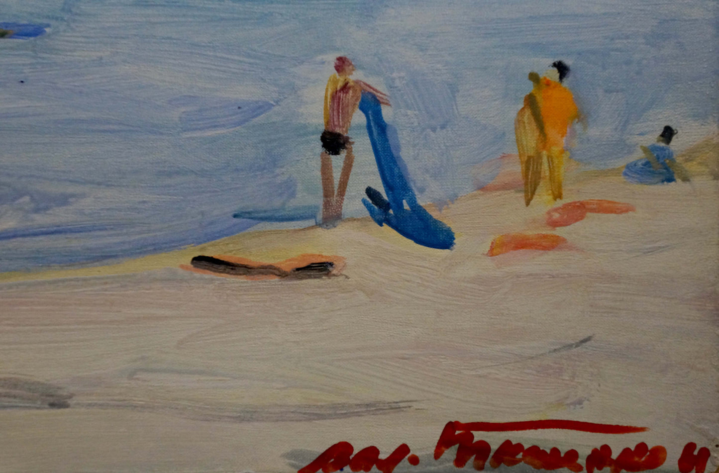 Oil painting by Tkachenko Valentin Yakovlevich: vibrant blue surfboard on beach