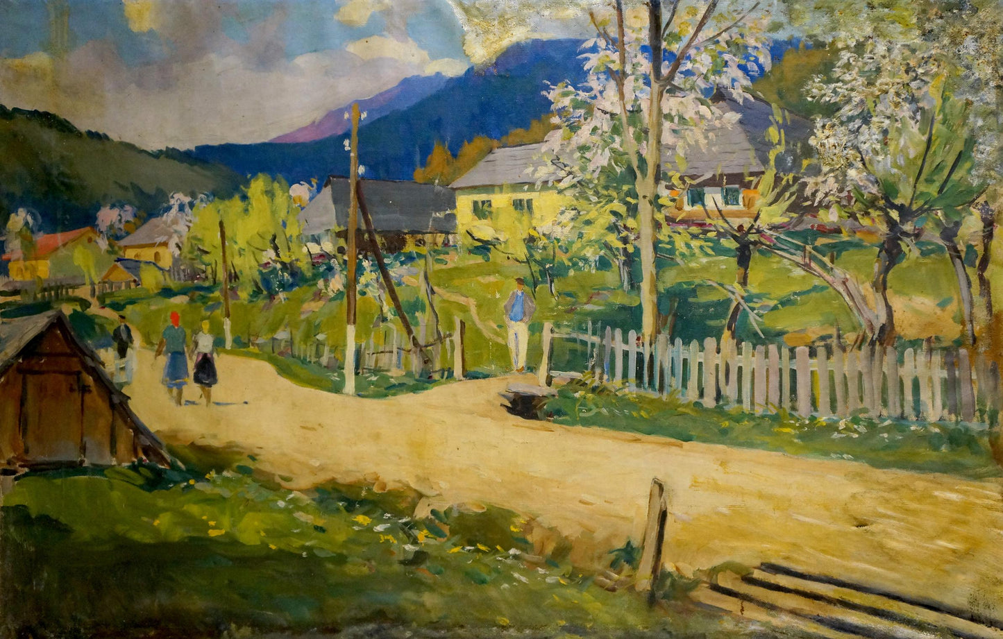 Oil painting of vibrant yellow house in Kontratovich Ernest Rudolfovich village landscape