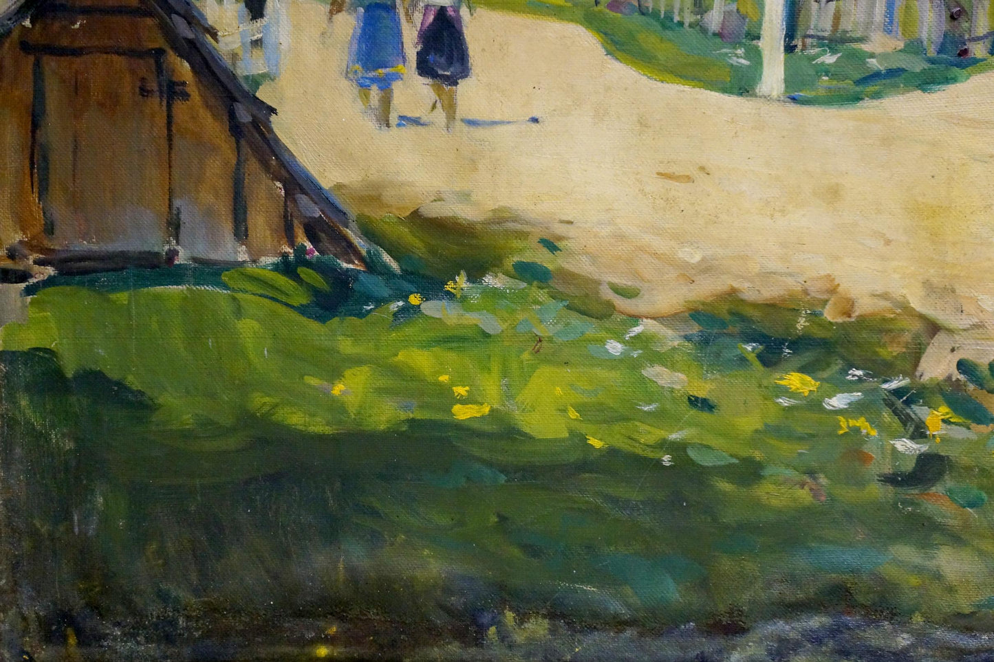 Oil painting of rustic wooden shed with thatched roof in Kontratovich village by Ernest Rudolfovich