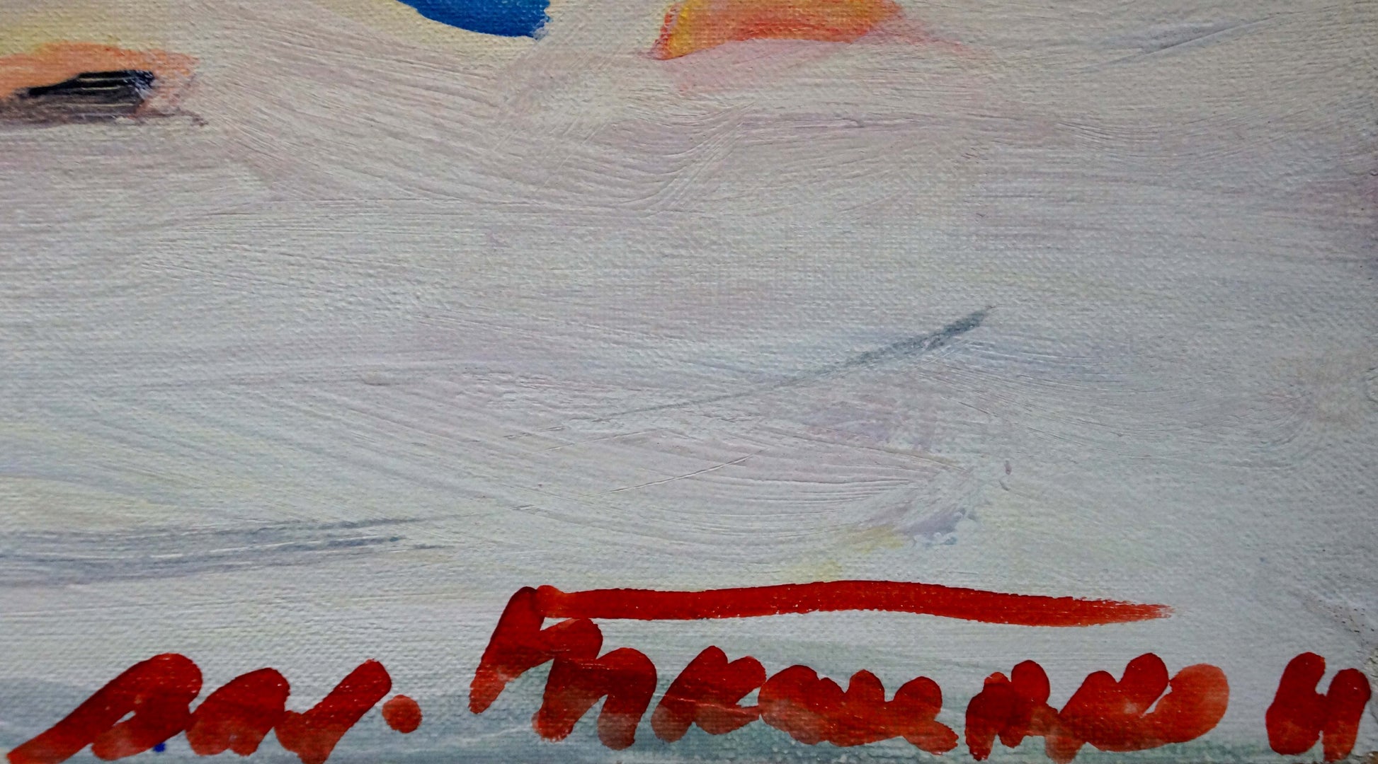 Red signature on textured white canvas with abstract blue, orange, gray brushstrokes by Tkachenko Valentin Yakovlevich oil painting