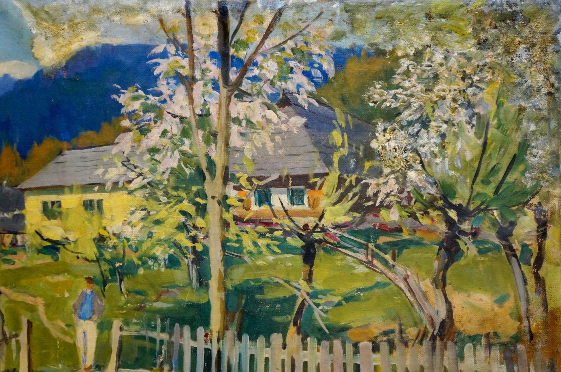 Oil painting by Kontratovich Ernest Rudolfovich: yellow house among white trees