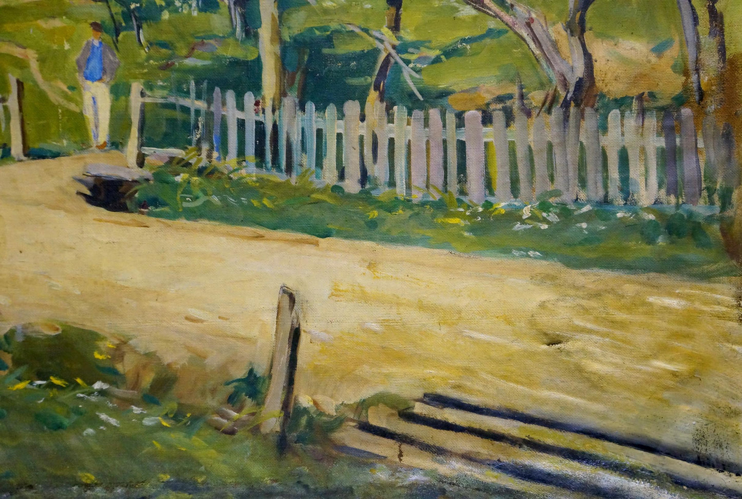 Oil painting of weathered white picket fence by Kontratovich Ernest Rudolfovich