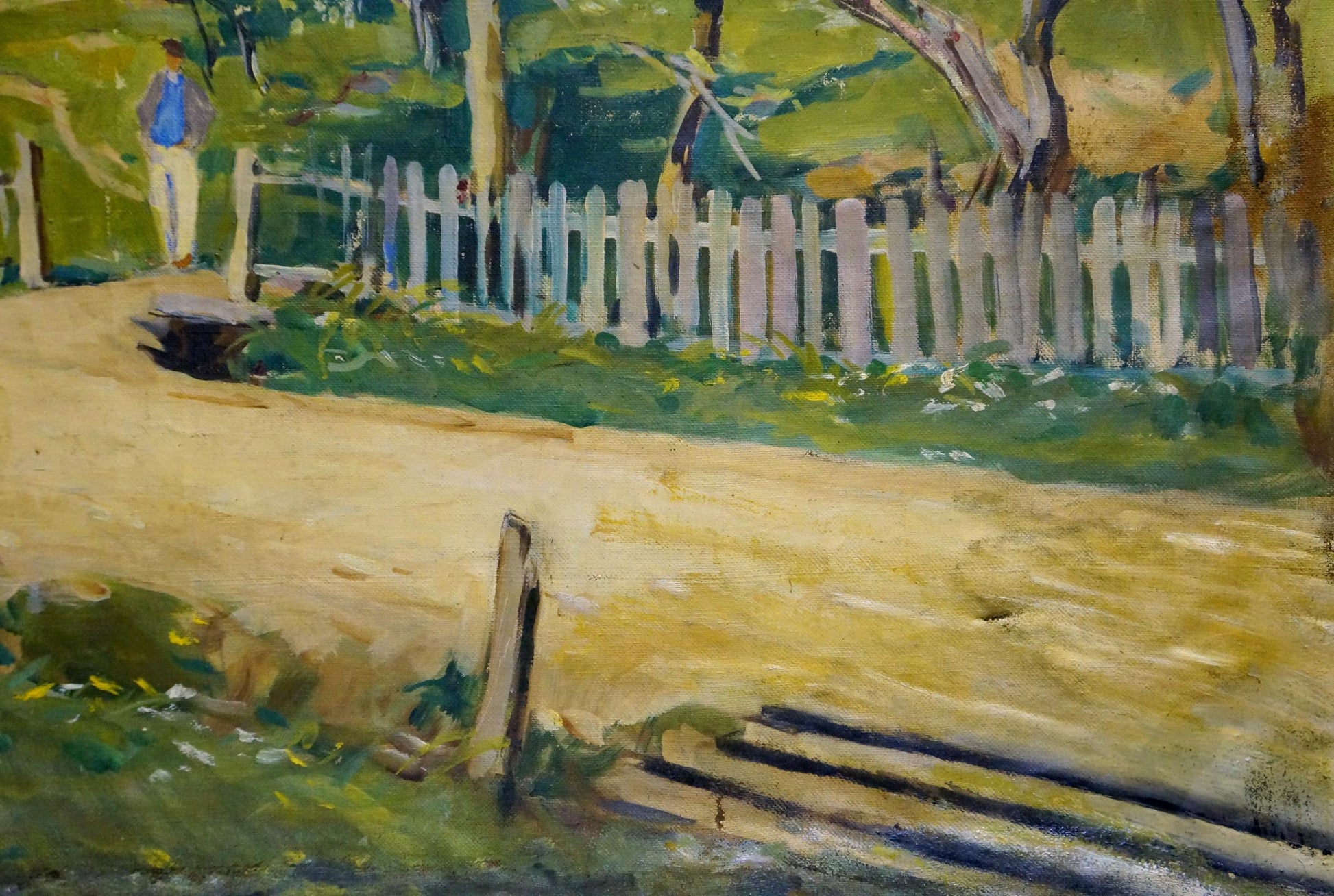 Oil painting of weathered white picket fence by Kontratovich Ernest Rudolfovich