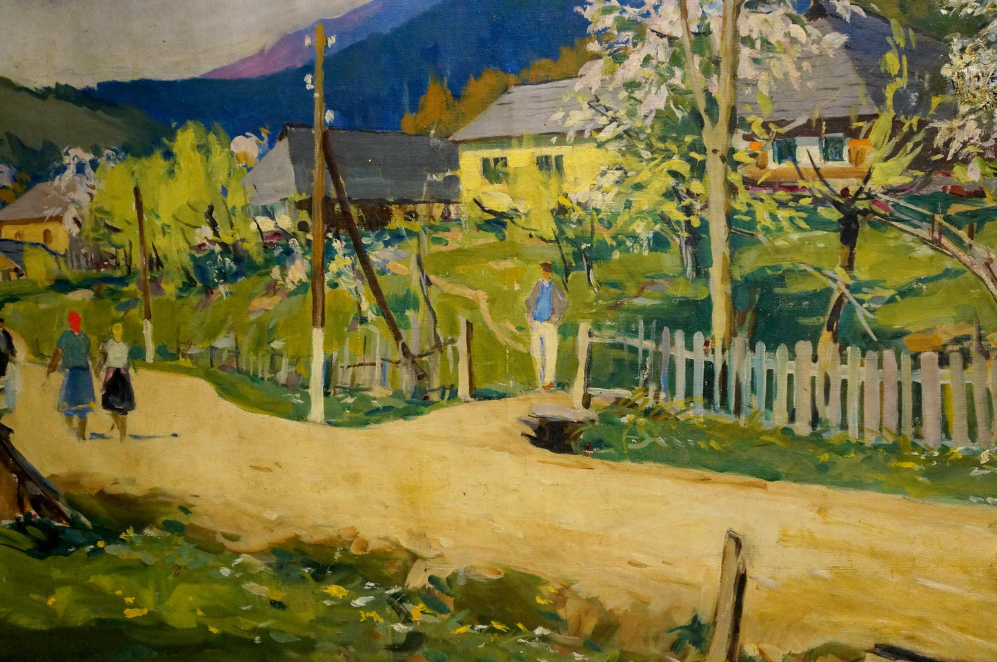 Vibrant impressionist oil painting by Kontratovich Ernest Rudolfovich of rural village with yellow houses