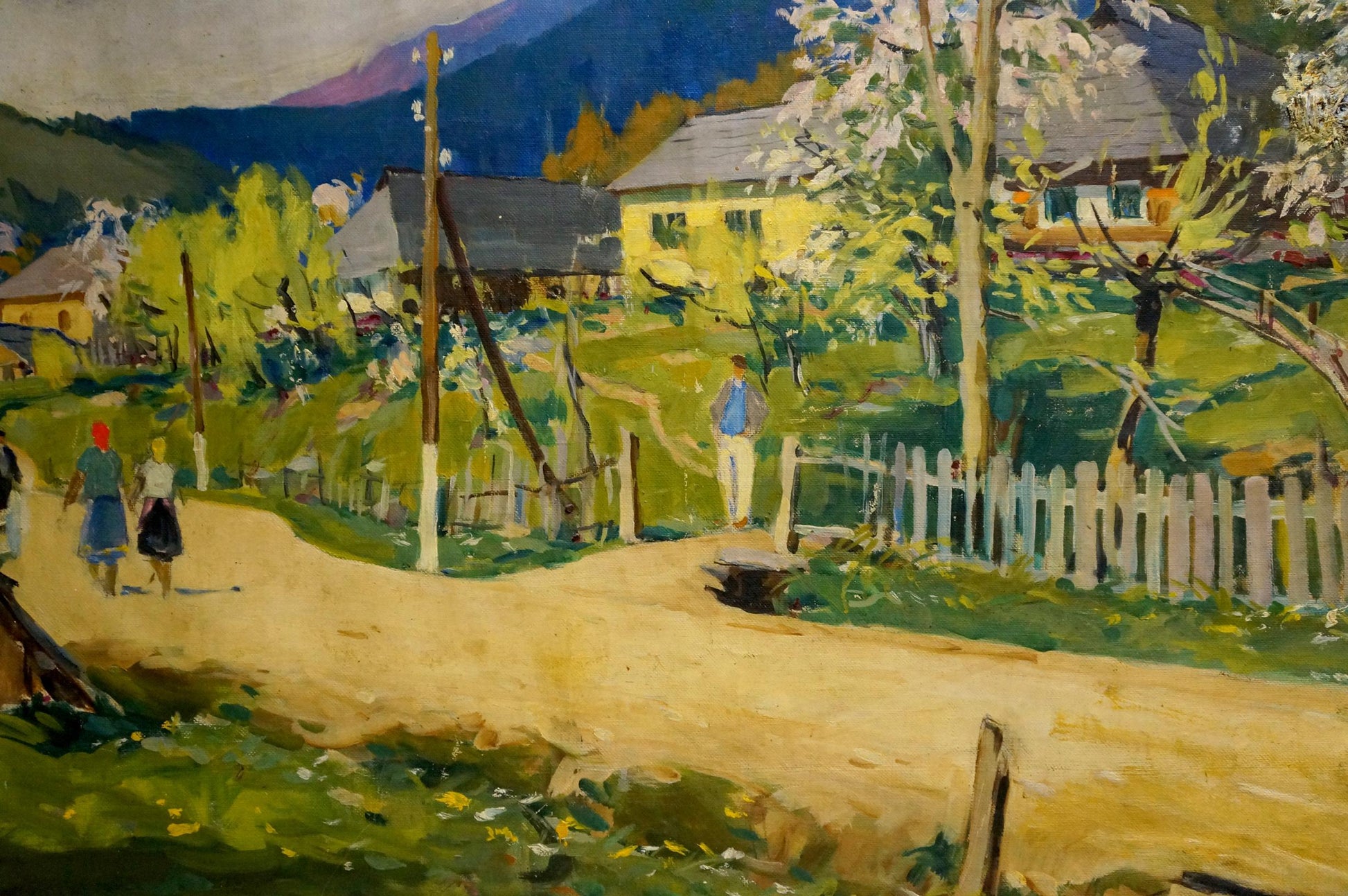 Vibrant impressionist oil painting by Kontratovich Ernest Rudolfovich of rural village with yellow houses