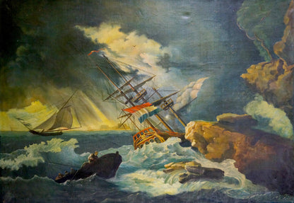 Oil painting of ship in storm with striped flag battling waves and cliffs