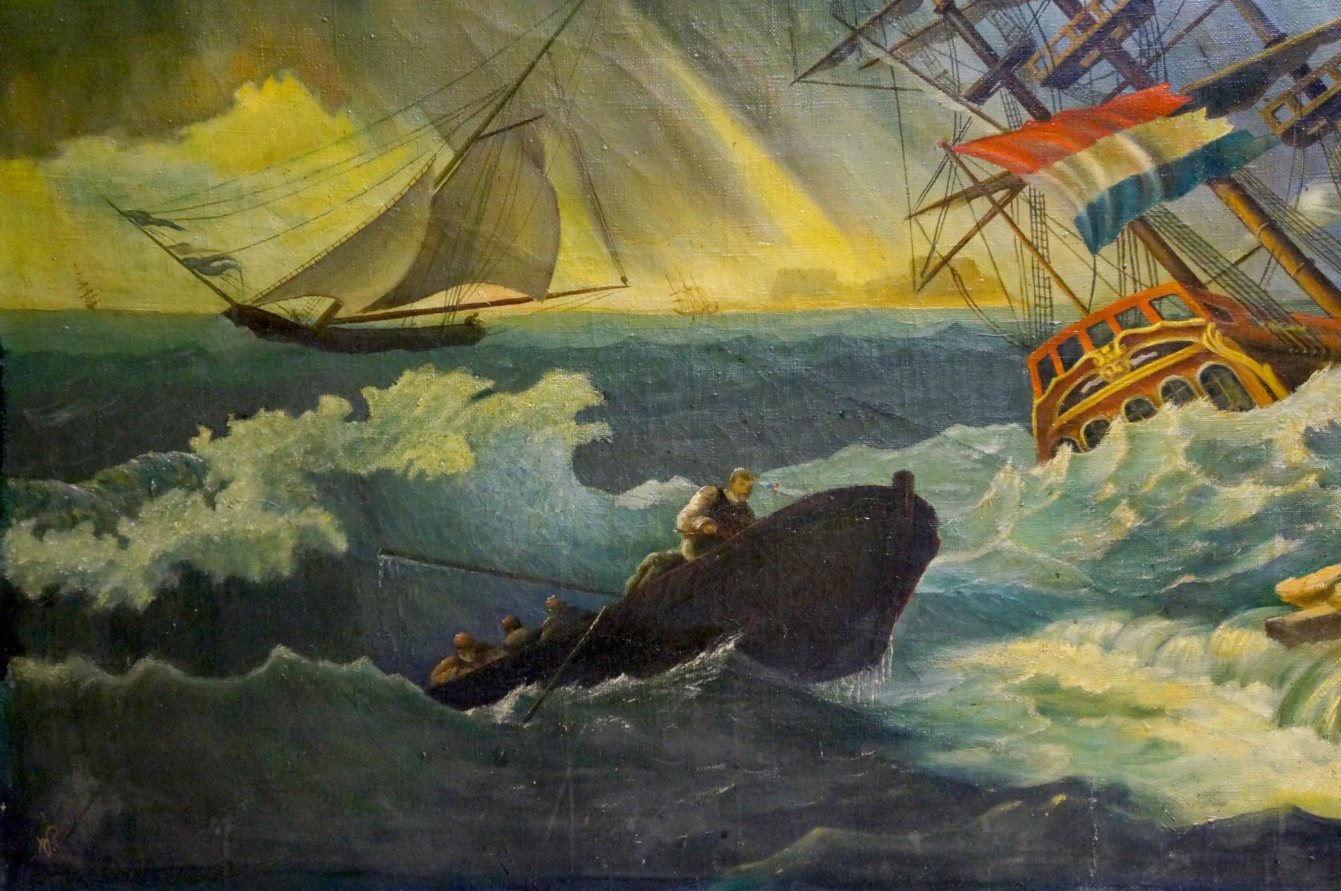 Oil painting of ship in storm: rowboat in turbulent waves under stormy sky