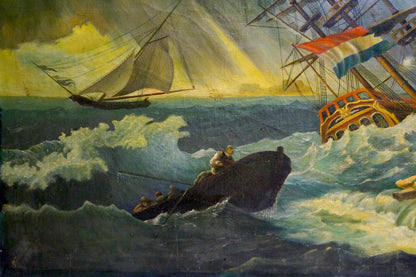 Oil painting of ship in storm: rowboat in turbulent waves under stormy sky