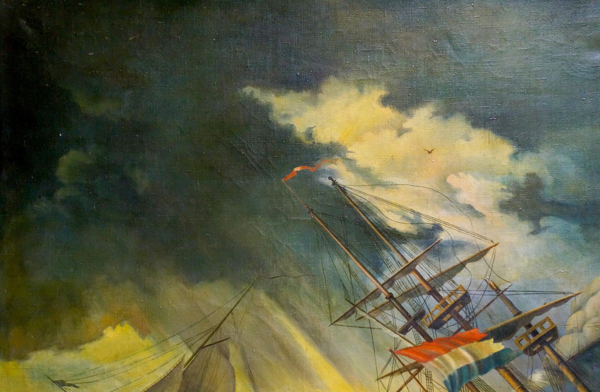 Oil painting of ship in storm with dark masts, sails, orange-blue flag, turbulent sky