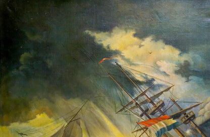 Oil painting of ship in storm with dark masts, sails, orange-blue flag, turbulent sky