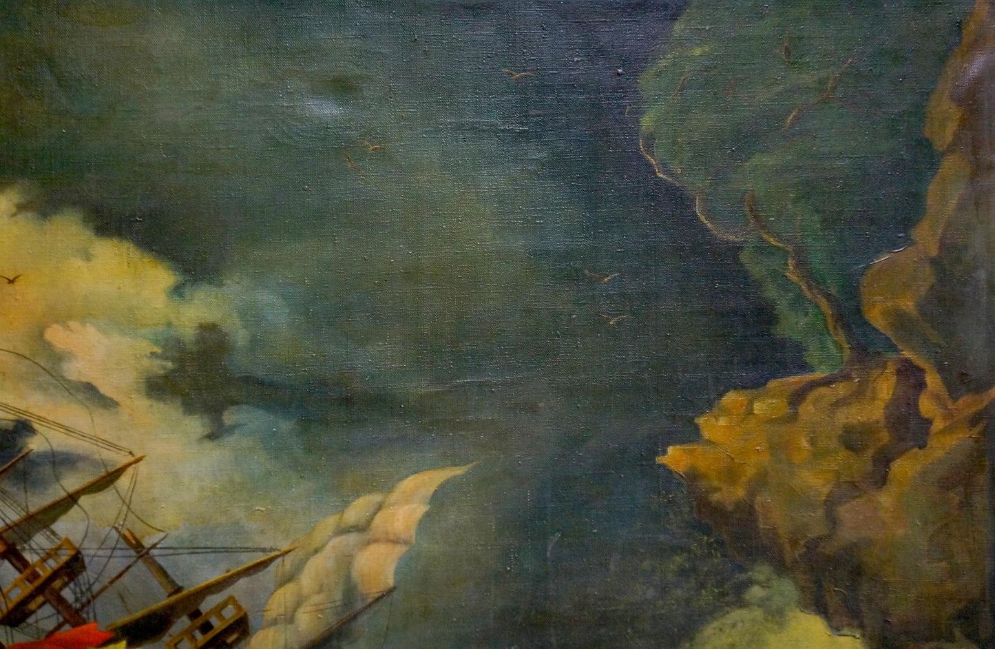 Dramatic oil painting of ship in storm with turbulent seas and dark clouds