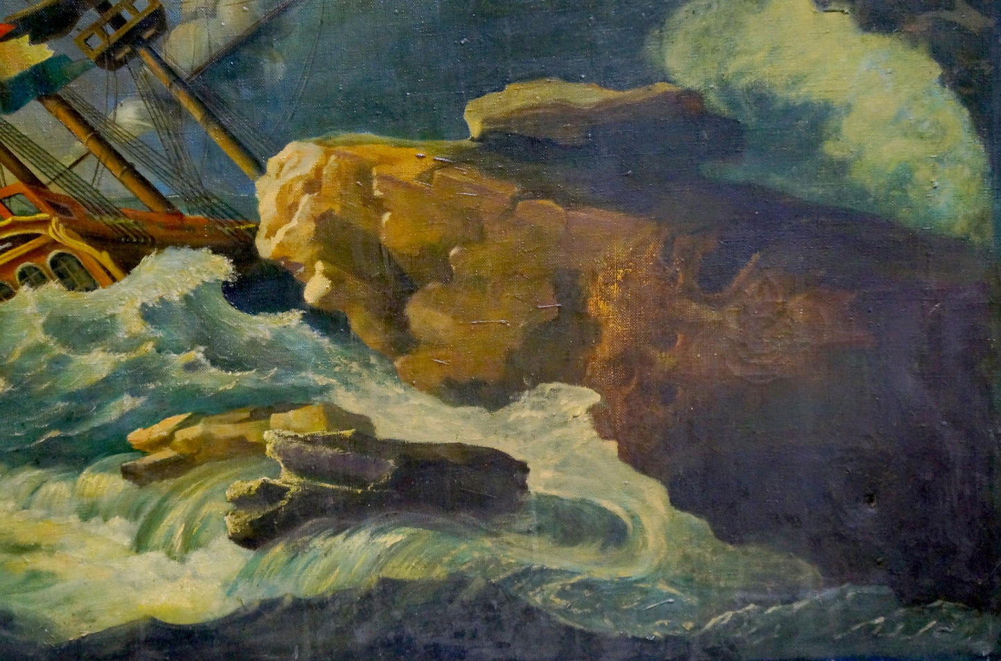 Oil painting of ship in storm: mast and hull in turbulent waves against cliffs