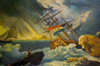 Oil painting of ship in storm with striped flag battling waves
