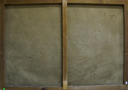 Back of two-panel wooden-framed canvas with grayish-green fabric, Ship in the storm oil painting
