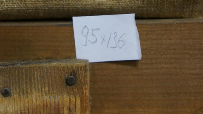 Back of Oil painting Ship in the storm with 95x136 measurements note on wood