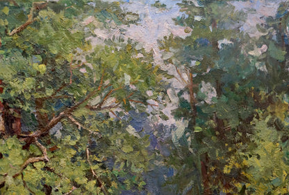 Oil painting of sunny forest landscape by unknown artist