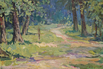 Oil painting of sun-dappled forest path by unknown artist
