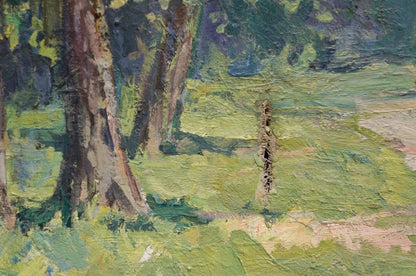 Oil painting of sunny forest landscape with tall trees and green foliage