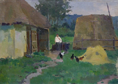 Oil painting of rustic thatched cottage by Gantman Moisei Faybovich