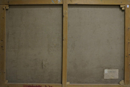 Back of sunny forest oil painting on two beige canvas panels with light wood frames