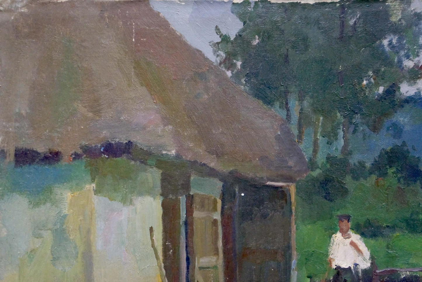 Oil painting of rustic thatched cottage by Gantman Moisei Faybovich