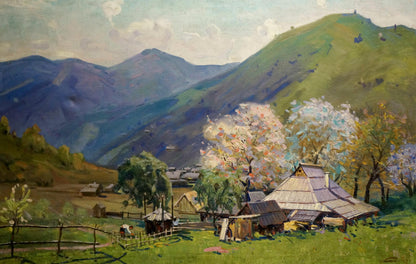 Oil painting of rustic hut in mountains by Tyukha Ivan Andreevich