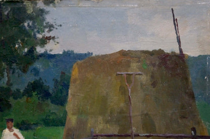 Rustic textured hay bale oil painting by Gantman Moisei Faybovich