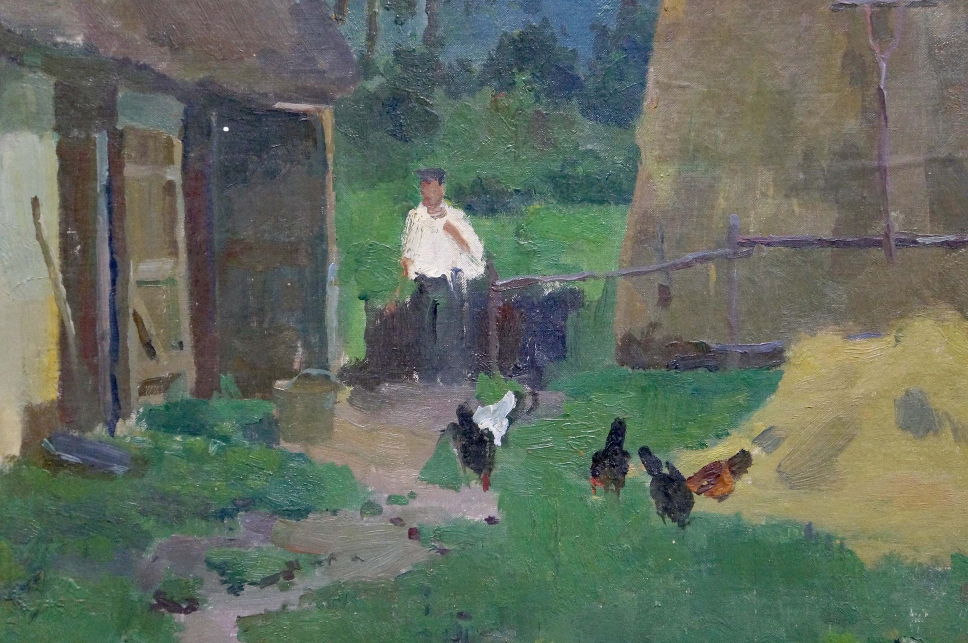 Rustic oil painting by Gantman Moisei Faybovich: man near shed with chickens
