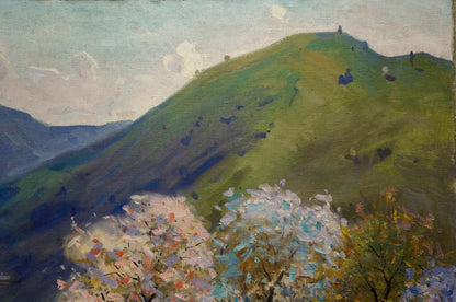 Vibrant impressionist oil painting of green hillside, hut in mountains by Tyukha Ivan Andreevich