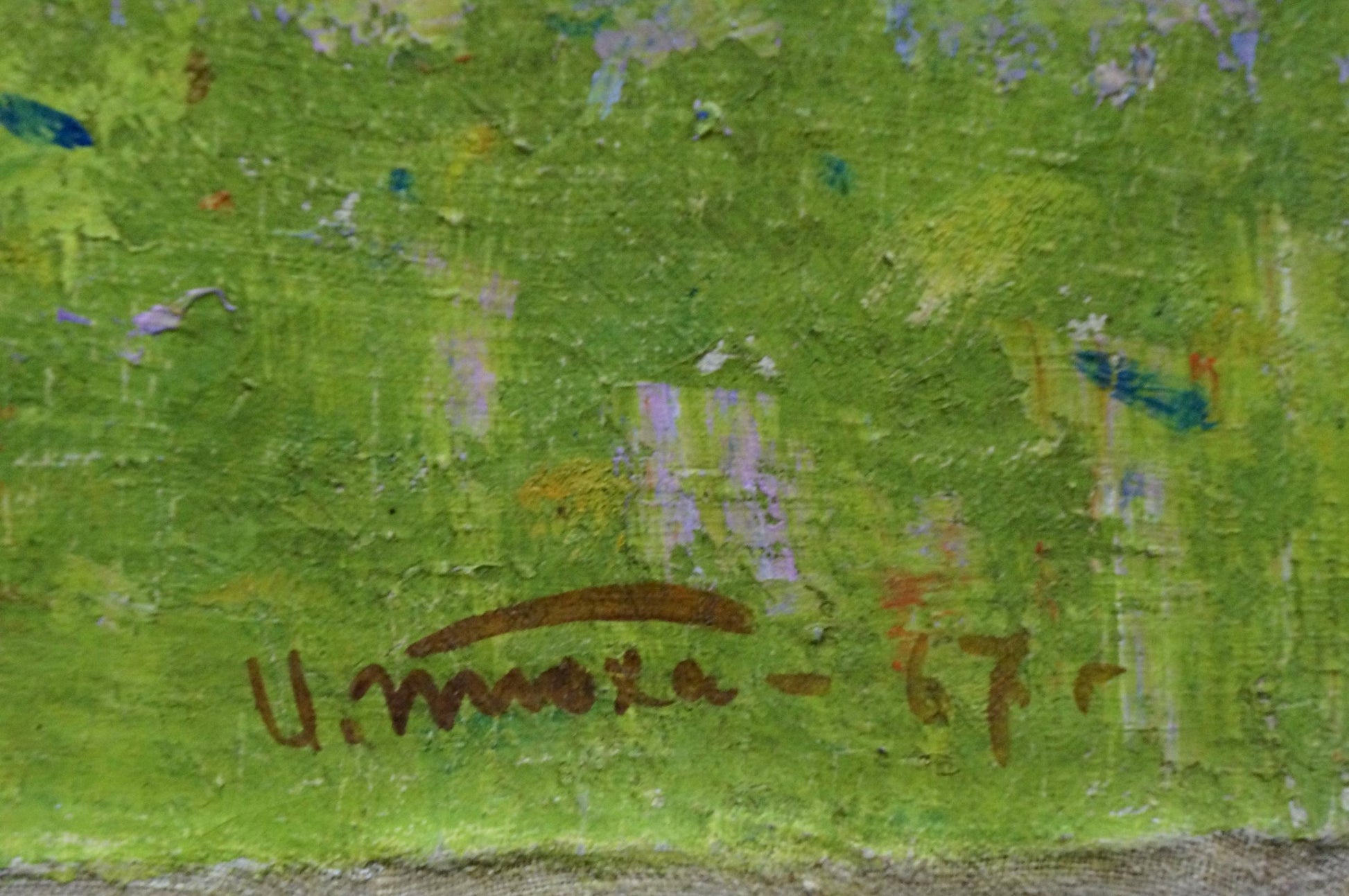 Oil painting of hut in mountains by Tyukha Ivan Andreevich on textured green canvas