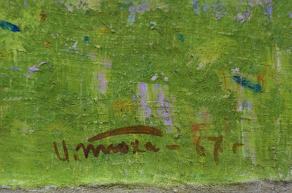Oil painting of hut in mountains by Tyukha Ivan Andreevich on textured green canvas