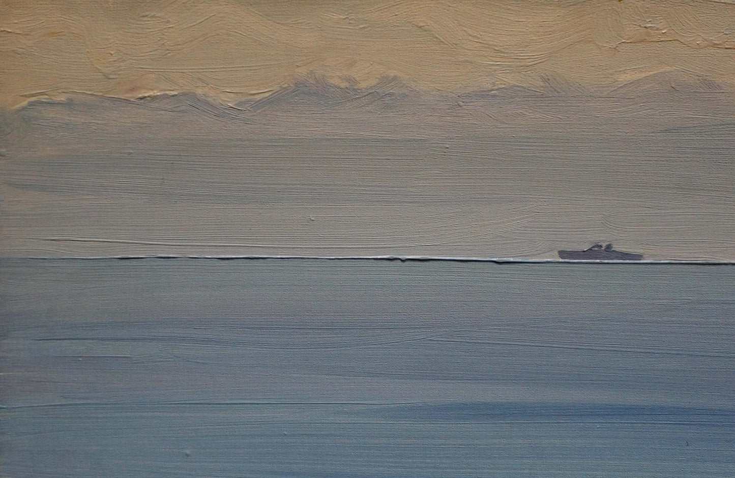 Oil painting of small dark boat silhouette on sea horizon by Tkachenko Valentin Yakovlevich