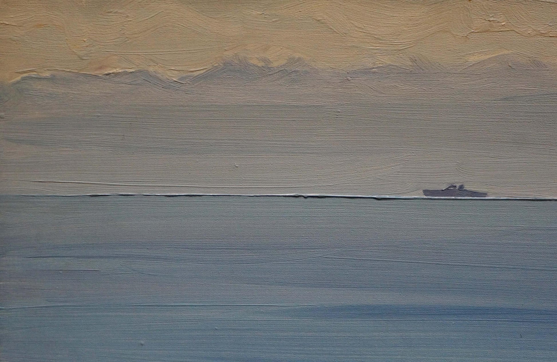 Oil painting of small dark boat silhouette on sea horizon by Tkachenko Valentin Yakovlevich