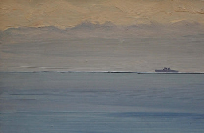 Oil painting of small dark boat silhouette on sea horizon by Tkachenko Valentin Yakovlevich
