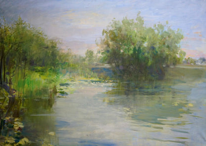 Serene impressionistic oil painting of tranquil foggy river by Bezugly Daniil Ivanovich