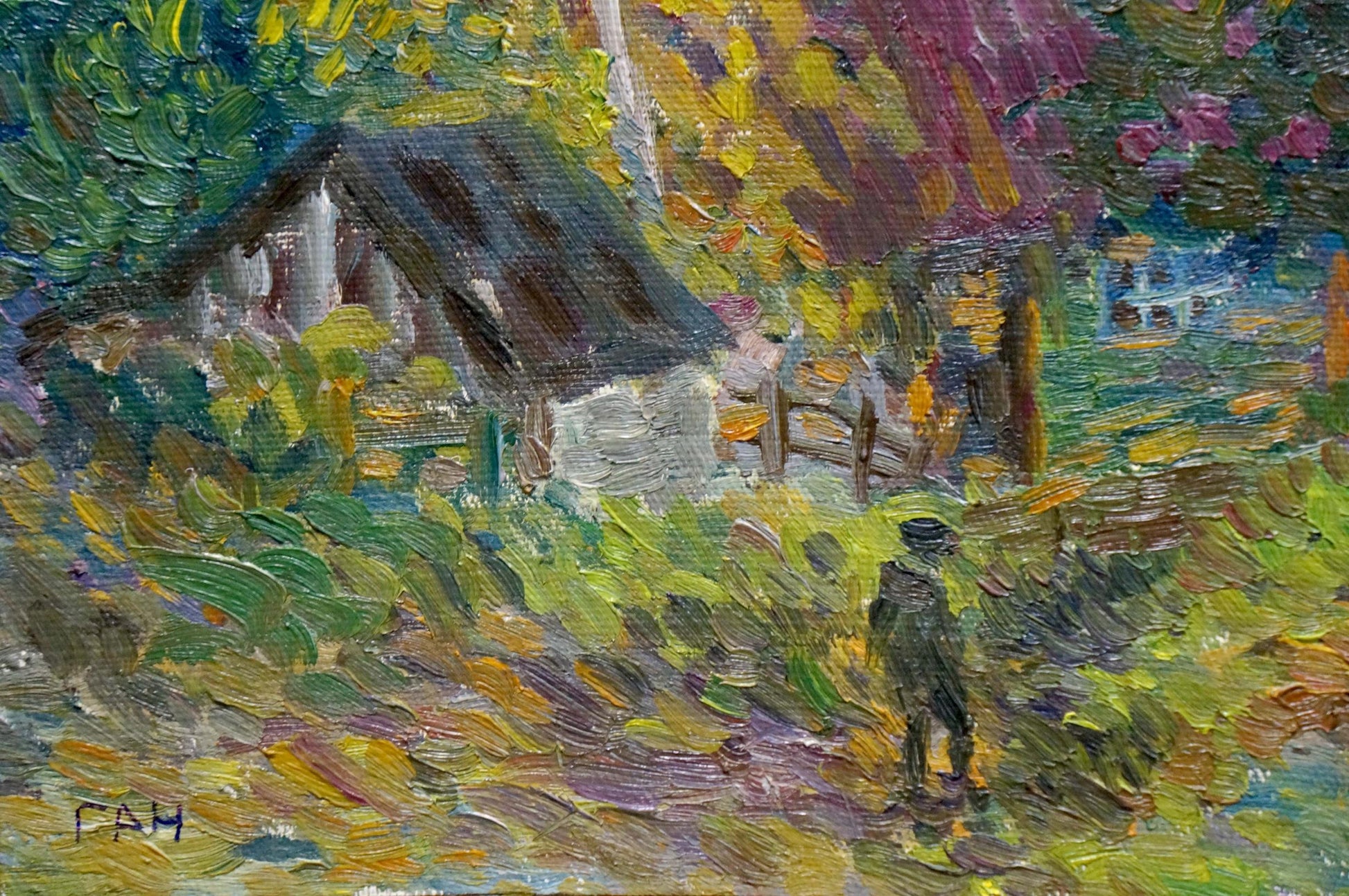 Oil painting by Gan Nina Sergeevna: rustic cottage in autumn foliage