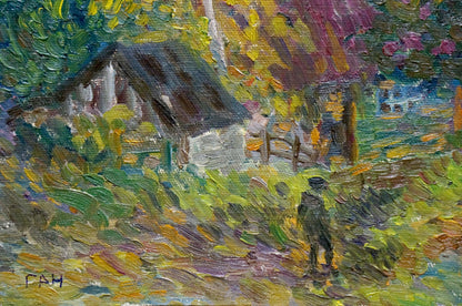 Oil painting by Gan Nina Sergeevna: rustic cottage in autumn foliage