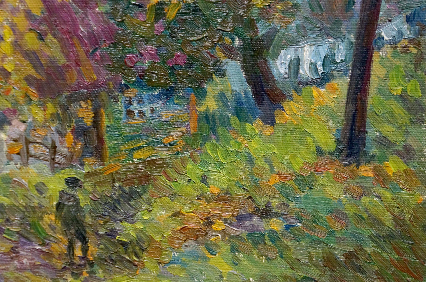 Oil painting by Gan Nina Sergeevna: figure in dark clothes in autumn forest
