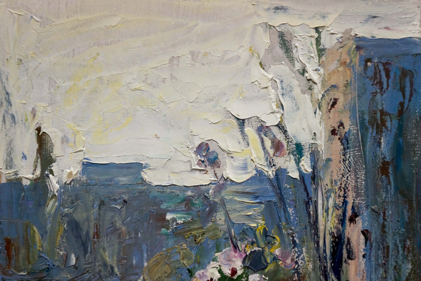 Oil painting of city view by Klimenko Alexander Ivanovich, textured white blue with pink flowers