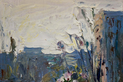 Oil painting of city view by Klimenko Alexander Ivanovich, textured white blue with pink flowers