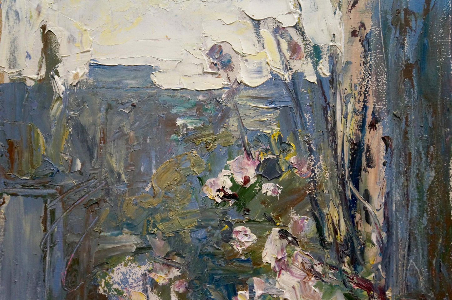 Oil painting of city view by Klimenko Alexander Ivanovich with pink blossoms