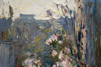 Oil painting of city view by Klimenko Alexander Ivanovich with pink blossoms