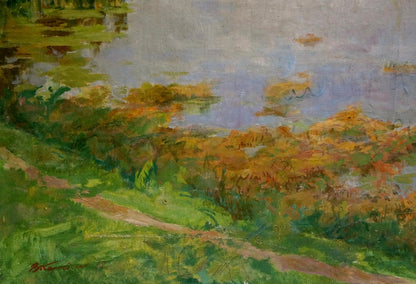 A vibrant impressionist painting featuring a serene waterway with lush green and golden foliage, rendered in textured brushstrokes of oil paint.