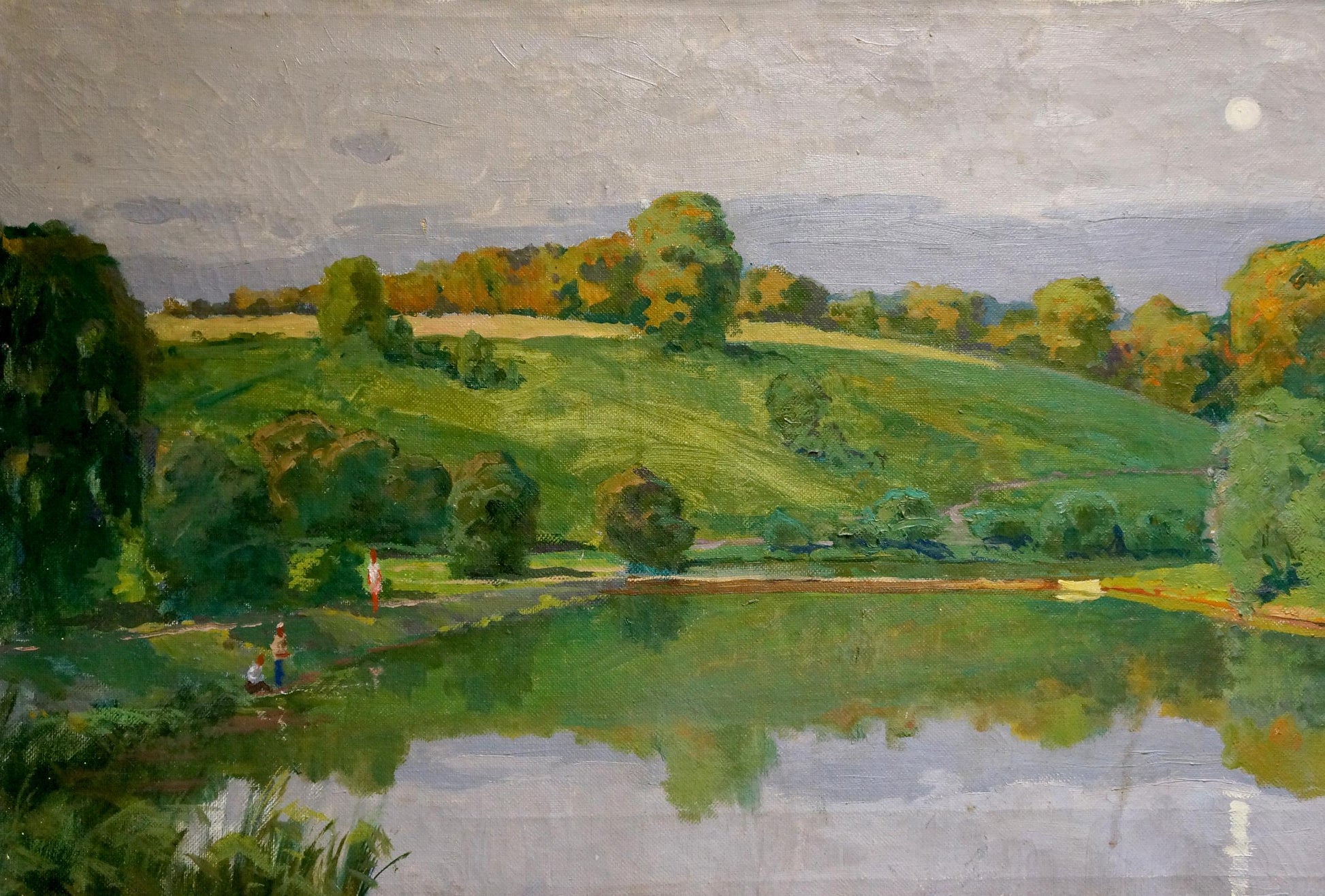 Serene oil painting by Vladimir Korostelev: green hills, lake, autumn trees