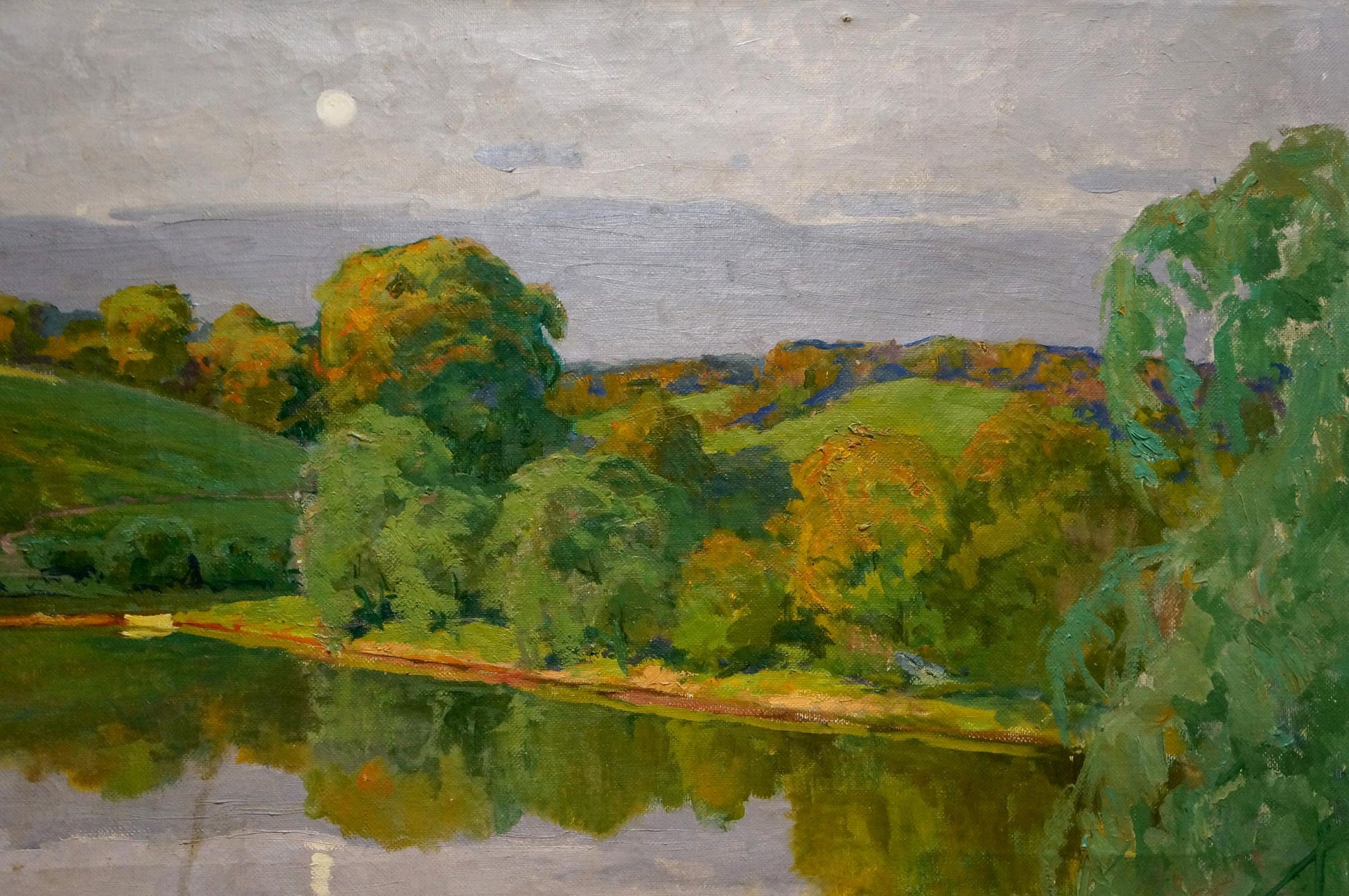 Serene oil painting by Vladimir Korostelev: hills, autumn trees, lake reflection