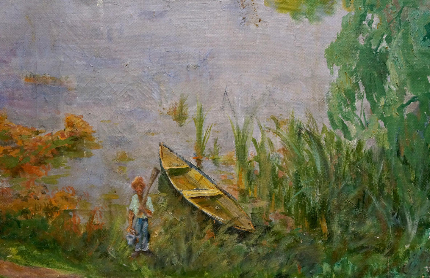 Oil painting by Vladimir Korostelev: weathered rowboat in green reeds by lake shore