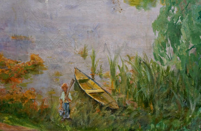 Oil painting by Vladimir Korostelev: weathered rowboat in green reeds by lake shore