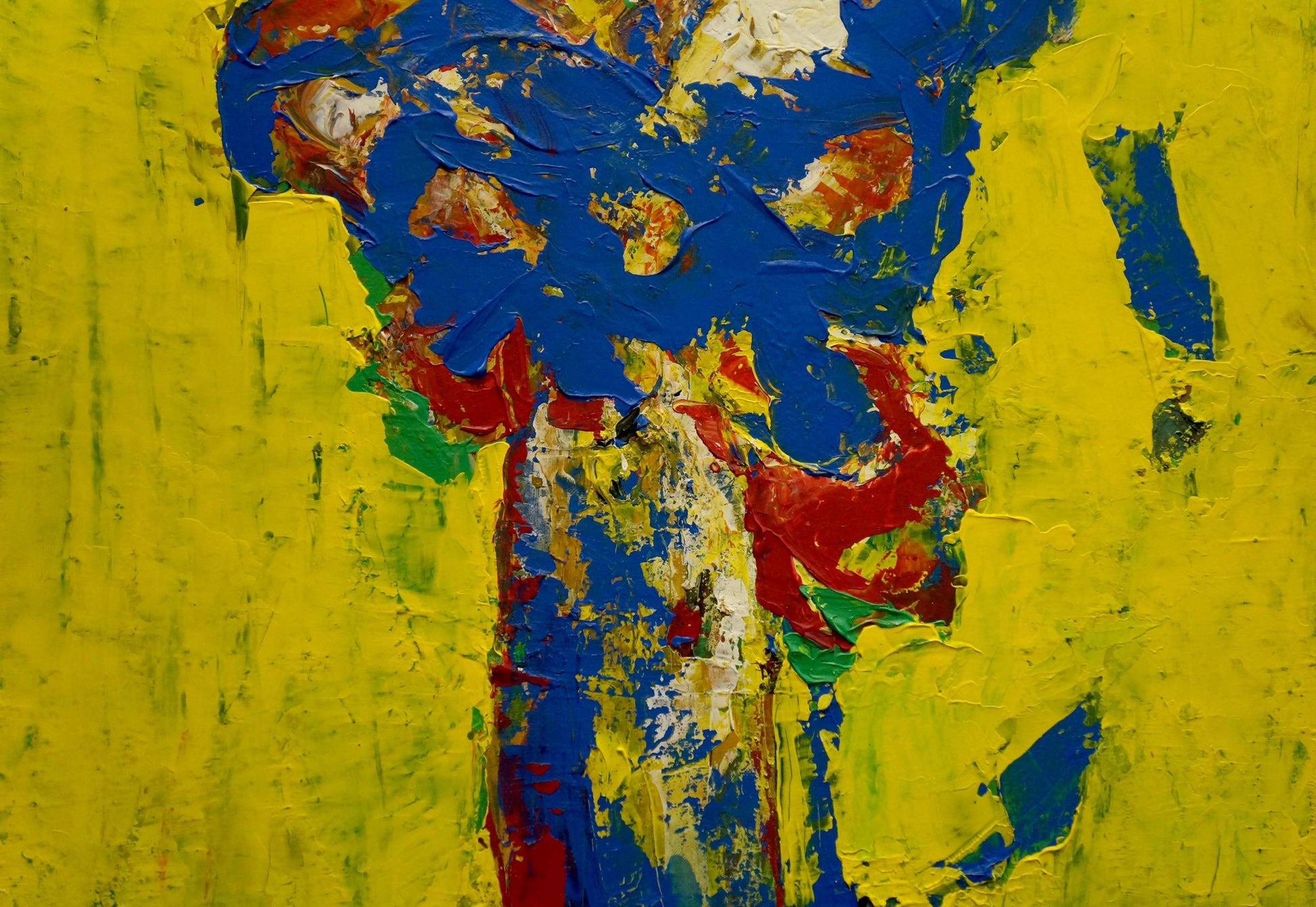 Abstract oil painting Still life by Igor Eremovich Melnik with vibrant blue red yellow impasto brushstrokes