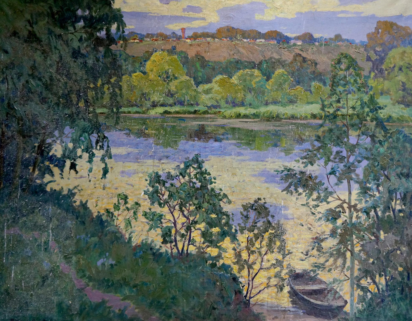 Oil painting by Korostelev Vladimir Alexandrovich: rowboat on lake shore at twilight