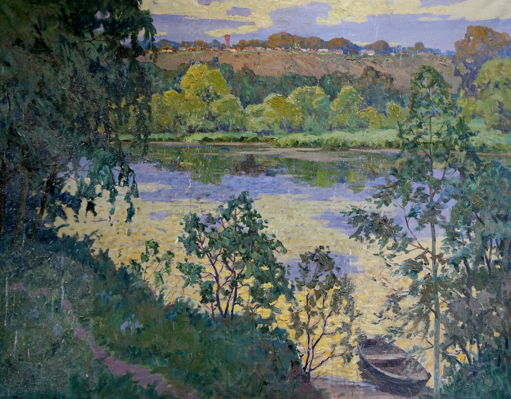 Oil painting by Korostelev Vladimir Alexandrovich: rowboat on lake shore at twilight